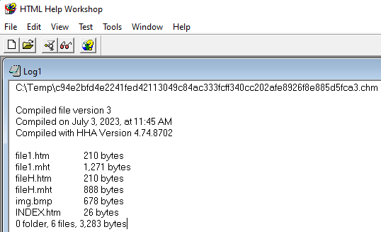Image 24 is a screenshot of HTML Help Workshop program. Log1 displays the contents of 2222.CHM. It includes information such as the path, compiled version, and byte size for its components.