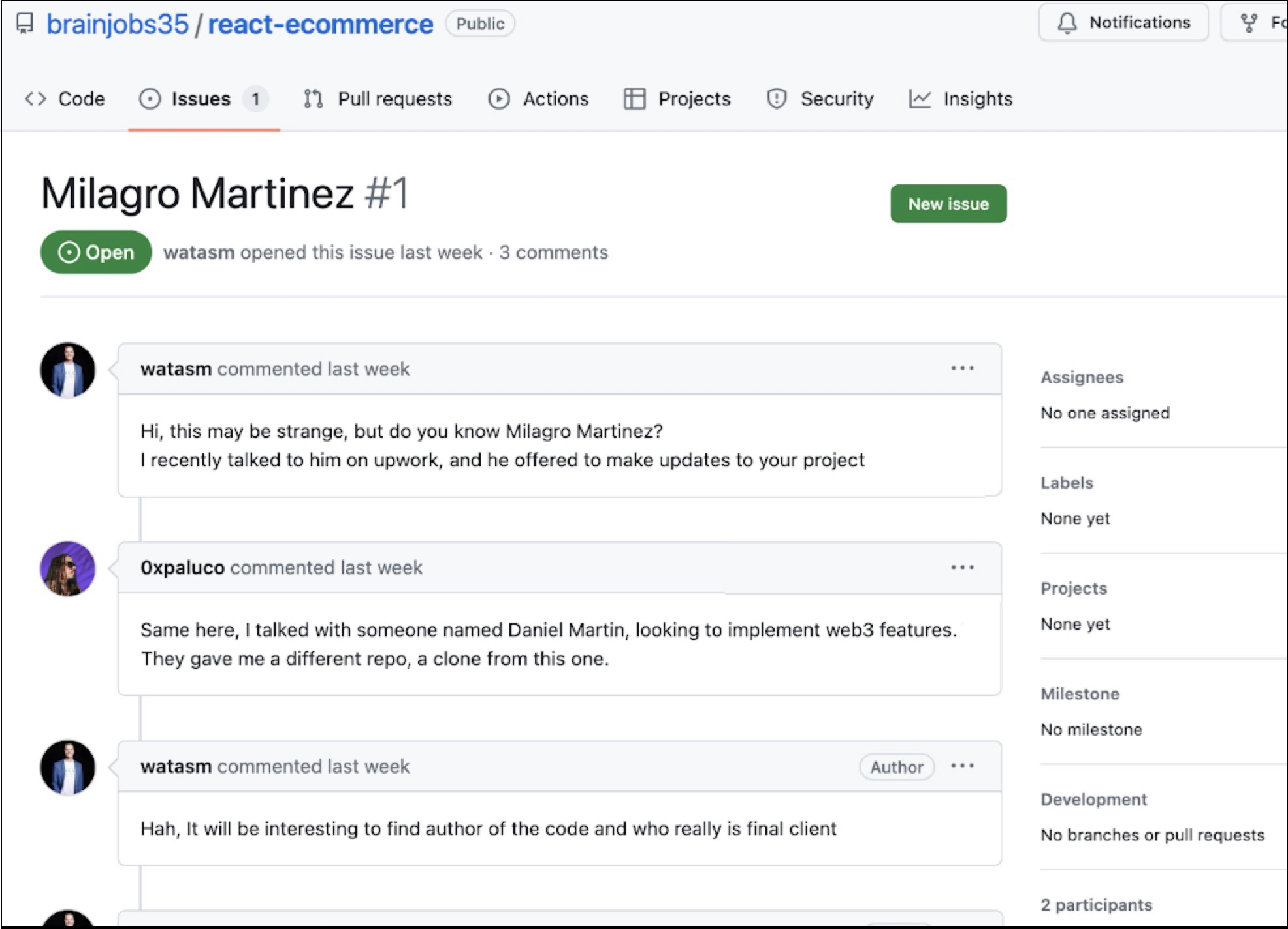 Image 2 is a screenshot of GitHub user comment page for brainjobs35 react-ecommerce. Milagro Martinez #1. There is a conversation between user watasm and user 0xpaluco where they discuss Milagro and how to find the code author.