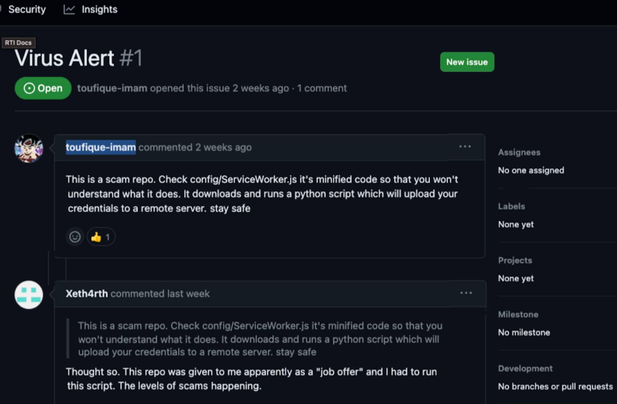 Image 3 is a screenshot of a GitHub user comment page for Virus Alert #1. Toufique-imam comments that the repo is a scam and cautions other users to stay safe. A reply to their comment by Xeth4rth says that the repo was given to them as a job offer and also declares it a scam. 