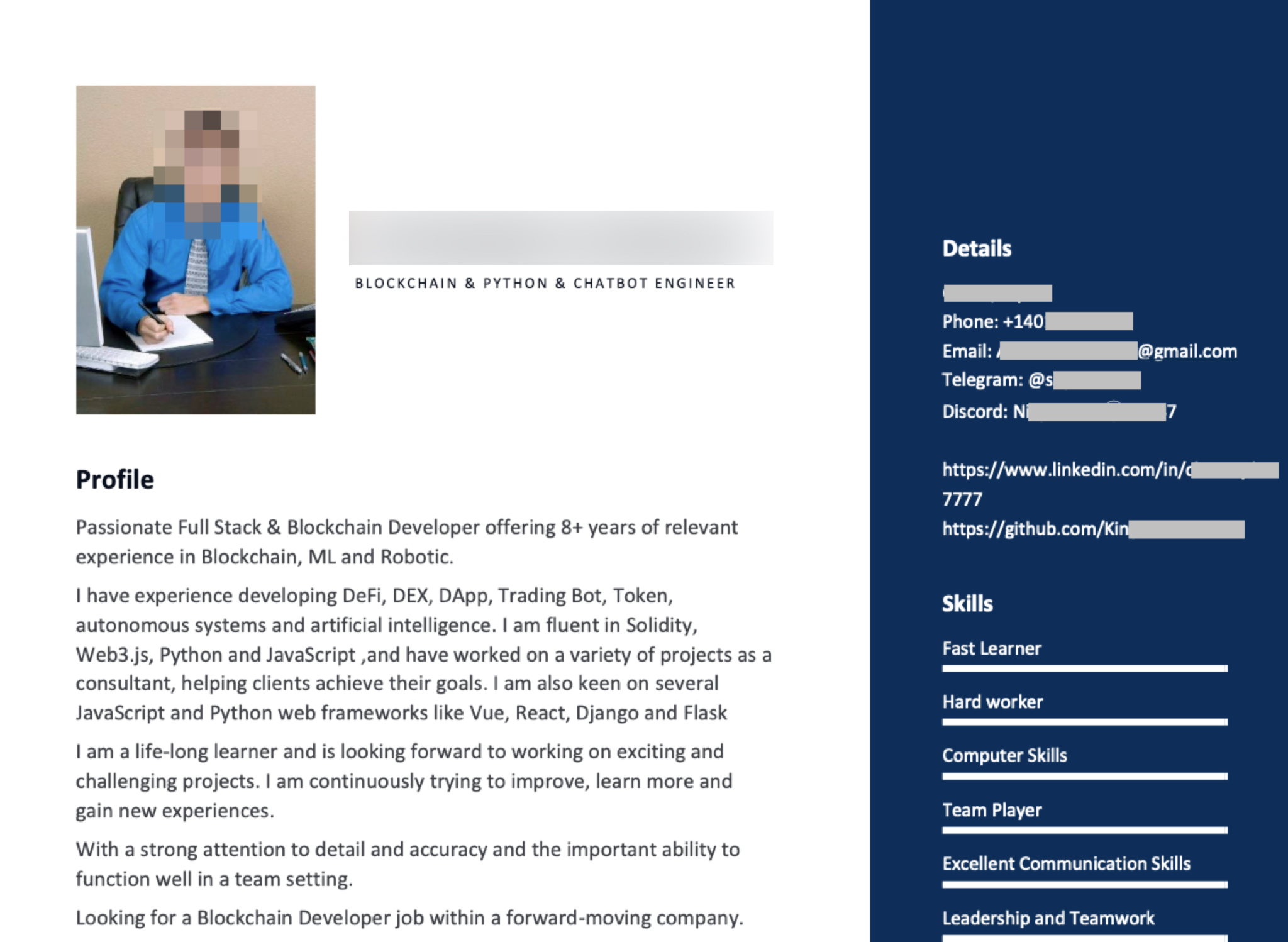 Image 9 is an example resume with some information redacted including the face of the job seeker. There is a list of skills and a full profile where the seeker indicates they want a blockchain developer role. 