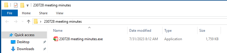 Image 1 is a screenshot of zip archive contents for the 230728 meeting minutes. The contents are 20230728 meeting minutes.exe. The name, date modified and type and size information are included. 