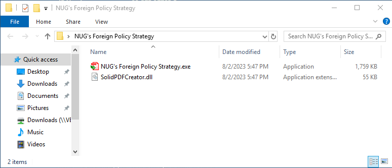 Image 2 is a screenshot of zip archive contents for NUG’s Foreign Policy Strategy. The file is NUG’s Foreign Policy Strategy.exe. The hidden SolidPDFCreator.dll is also in the contents. The name, date modified and type and size information are included. 