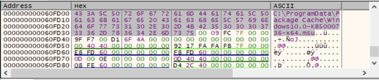Image 5 is a screenshot of the file path decrypted at runtime. There are three columns visible: Address, Hex, ASCII.