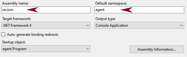 Image 7 is a screenshot of the .NET project details. There are entries for Assembly name, which is raccoon; Default namespace, which is agent; Target framework, which is .NET Framework 4; Output type, which is Console Application; and Startup object, which is agent.Program. Auto-generate binding redirects is not selected.