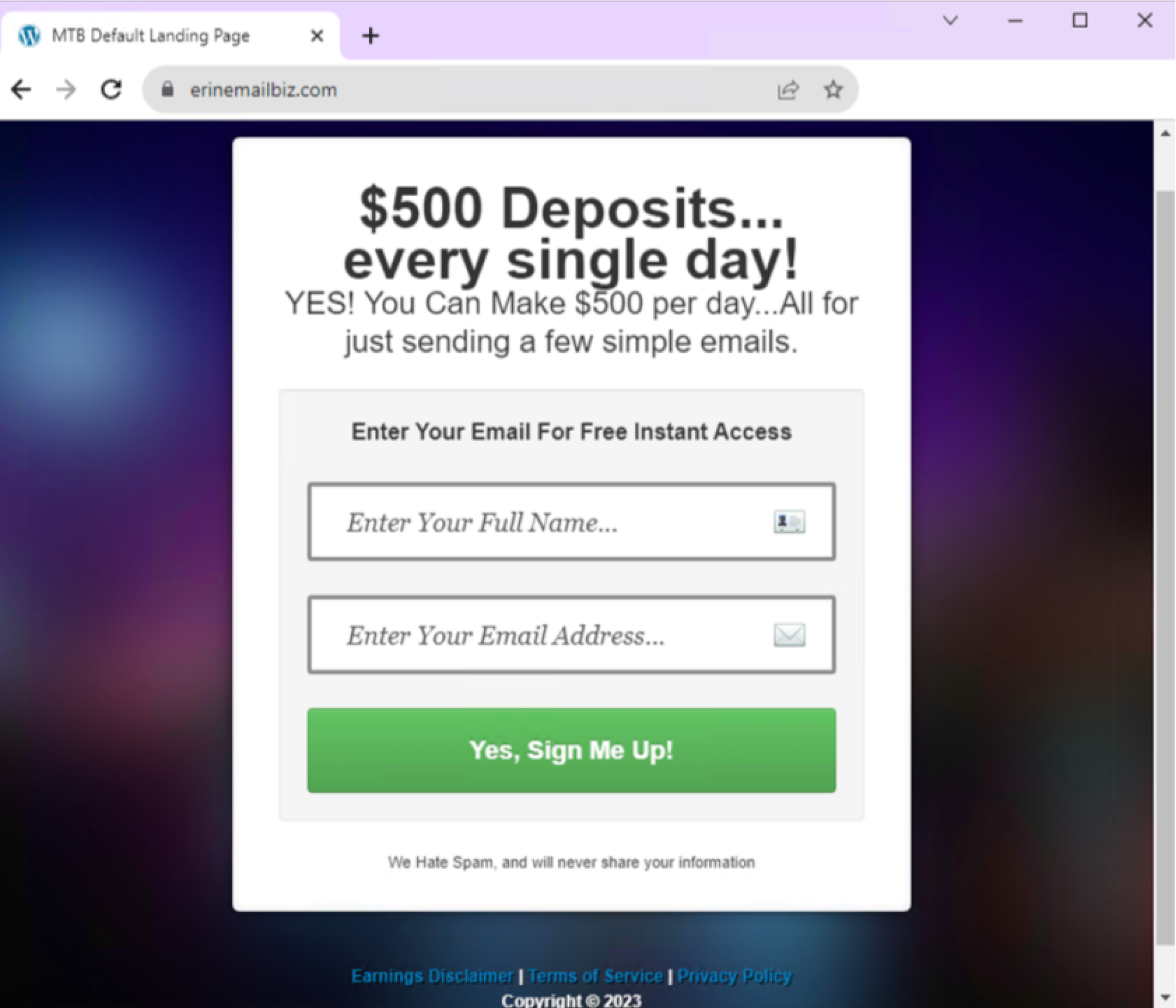 Image 8 is a screenshot of a scam domain. A popup advertising a $500 deposit per day by sending emails. The end-user can enter their full name and email address to sign up.