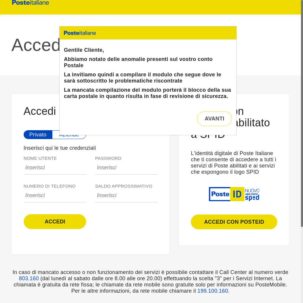 Image 6 is a screenshot of a phishing domain impersonating the Italian Postal Service page, Posteitaliane. It includes the correct typeface, logos, and other information that could identify it as a legitimate page. The language is in Italian. 