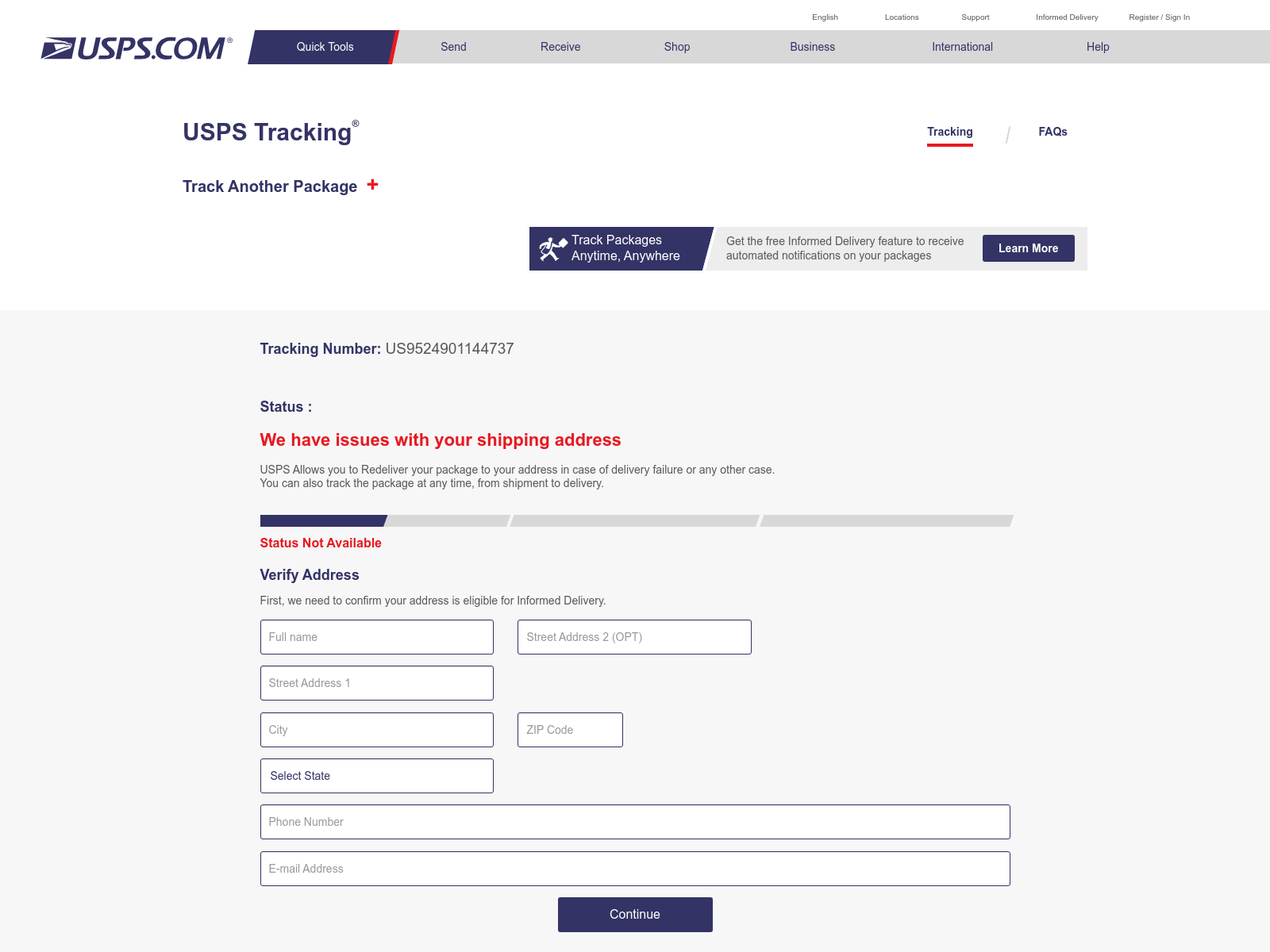 Image 7 is a screenshot of a phishing page impersonating the United States Postal Service website. The layout, typeface, and logos all mimic the legitimate site.