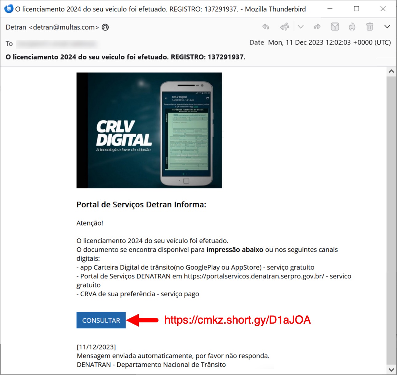 Screenshot of email in Mozilla Thunderbird. The language is Portuguese. The blue CONSULTAR button links to the text in red. 