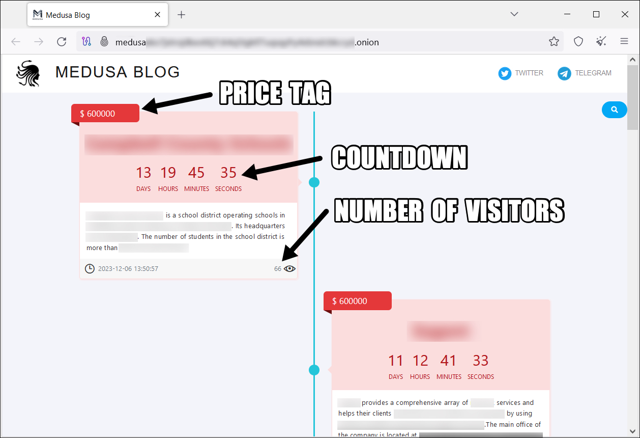 Image 1 is a screenshot of the Medusa ransomware group leaksite. Some information is redacted. Icon of Medusa’s head. Medusa Blog. Links to Twitter and Telegram. Price tag. Countdown. Number of visitors. Description of victims. There is a magnifying glass icon to allow the end user to search. 