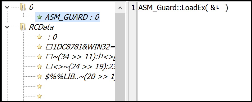 Image 10 is a screenshot of the resource section of the driver loader packed with ASM Guard. Two columns side by side, both showing ASM Guard. 
