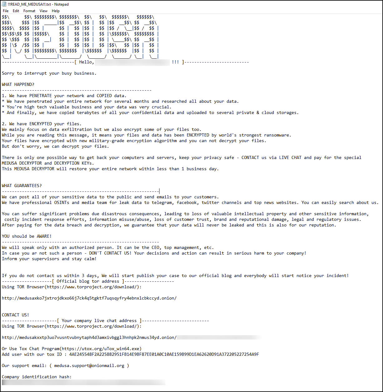 Image 25 is a screenshot of a Medusa gang ransom note. It starts with ASCII art of MEDUSA. Then there is a description of what has happened to the network and data, a list of guarantees, who to contact and how, as well as instructions on how to use TOR. Some of the information has been redacted. 