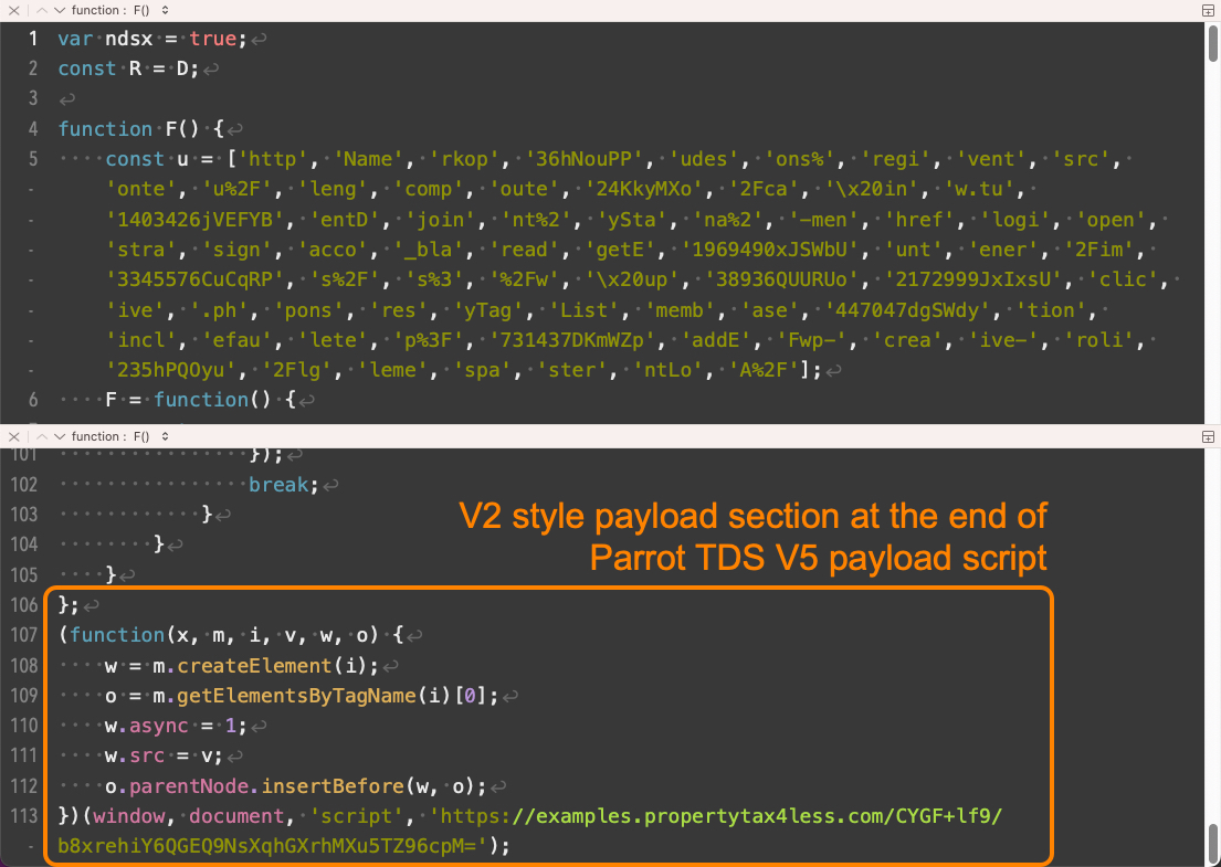 Image 17 is a stack of two screenshots from of an example Parrot TDS payload script from version five. The bottom screenshot highlights within an orange rectangle the version two-style payload section at the end of the Parrot TDS version five payload script.