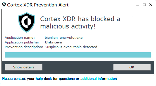 Image 13 is a screenshot of the Cortex XDR Prevention Alert window. Cortex XDR has blocked a malicious activity! Application name: bianlian_encrypotr.exe. Application publisher: Unknown