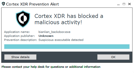 Image 15 is a screenshot of the Cortex XDR Prevention Alert window. Cortex XDR has blocked a malicious activity! Application name: bianlian_encrypotr.exe. Application publisher: Unknown. 