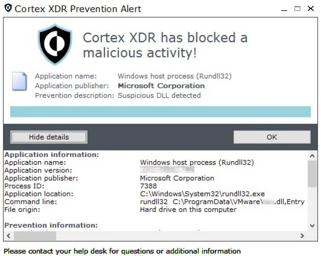 Image 8 is a screenshot of the Cortex XDR Prevention Alert window. Cortex XDR has blocked a malicious activity! Application name: Windows host process. Application publisher: Microsoft Corporation. File origin: Hard drive on this computer.