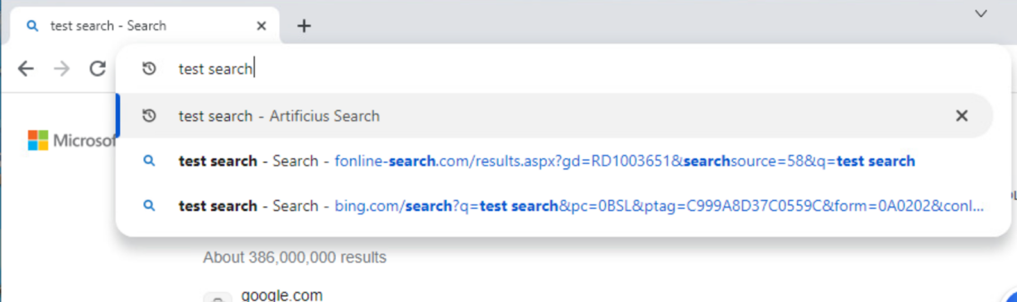Image 10 is a screenshot of how the Artificius browser uses its own search engine when searching in the URL. 