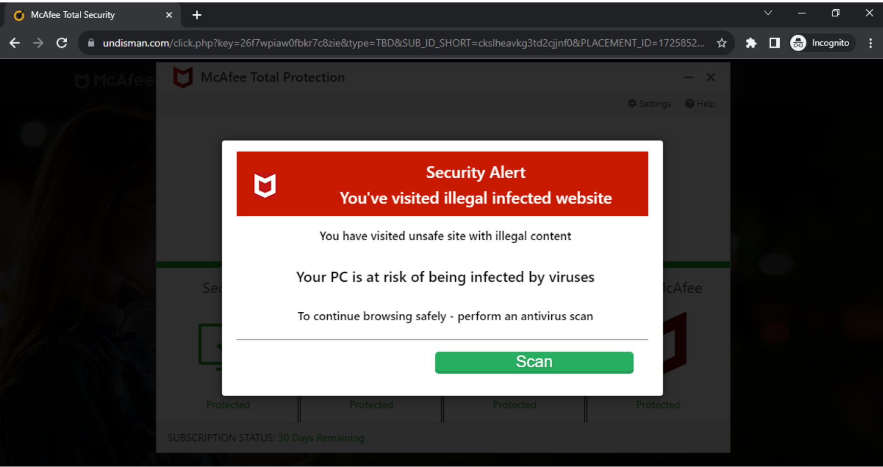 Image 11 is a screenshot of a popup using the McAfee logo to warn the end user of a security alert. You’ve visited illegal infected website. You have visited unsafe site with illegal content. Your PC is at risk of being infected by viruses. To continue browsing safely — perform an antivirus scan. Scan button.