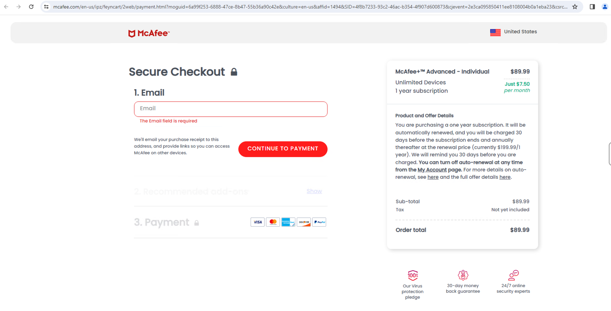 Image 12 is a screenshot of the McAfee website Secure Checkout page asking the end user to input their email. A security subscription is listed in the shopping cart. 