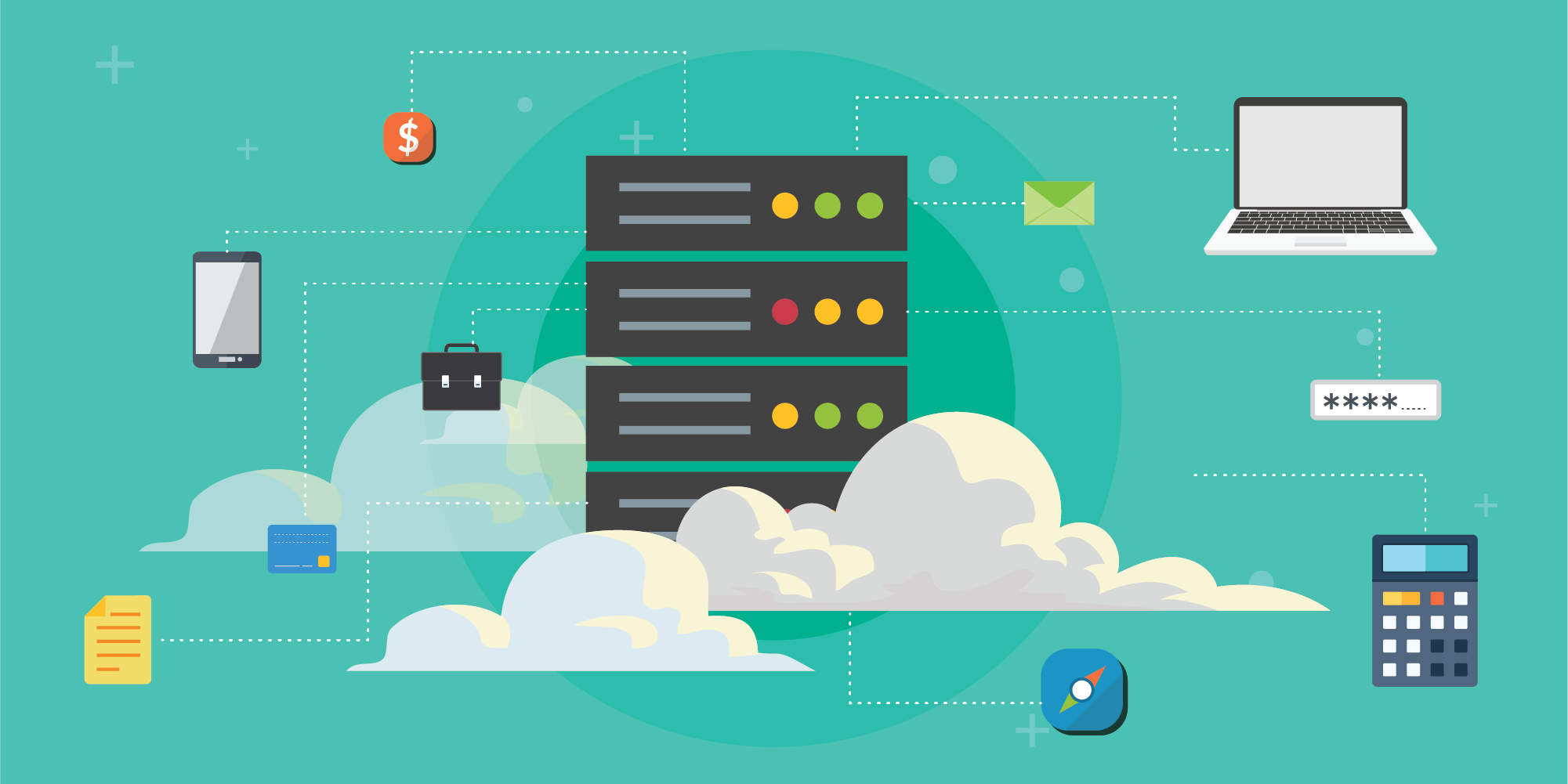 A pictorial representation of a vulnerability such as lateral movement techniques in cloud environments. A server atop a cloud, surrounded by technical tools.