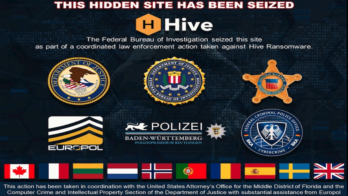 Image 4 is a screenshot of the Tor site for Hive ransomware after it had been seized by the FBI. This hidden site has been seized. Hive logo and name. The Federal Bureau Of Investigation seized this site as part of a coordinated law enforcement action taken against Hive Ransomware. There are six logos of law enforcement agencies from around the world and multiple flags of countries. 