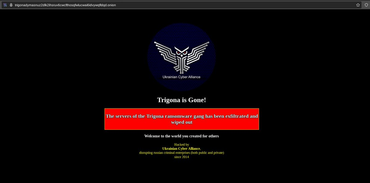 Image 6 is a screenshot of Trigona’s Tor site after it had been defaced by the Ukrainian Cyber Alliance. Picture of owl made out of circuits. Trigona is gone! The servers of the Trigona ransomware gang has been exfiltrated and wiped out. Welcome to the world you created for others. Hacked by Ukrainian Cyber Alliance. Disrupting Russian criminal enterprises (both public and private) since 2014.