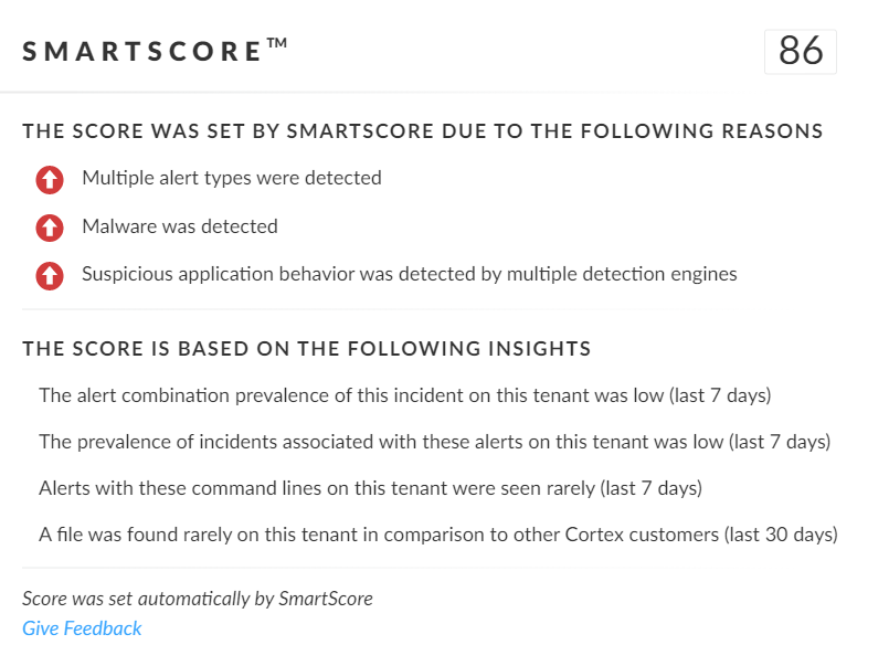 Image 19 is a screenshot of the SmartScore incident information totaling in a score o 86 and listing the reasons and insights for why the score was given. 