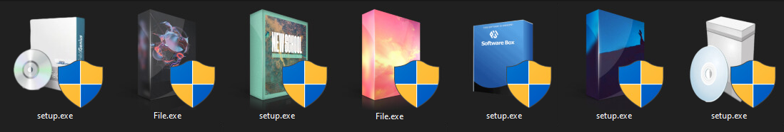 Image 4 is a row of icons of malicious installers paired with blue and yellow shields. There are .exe file names under each.