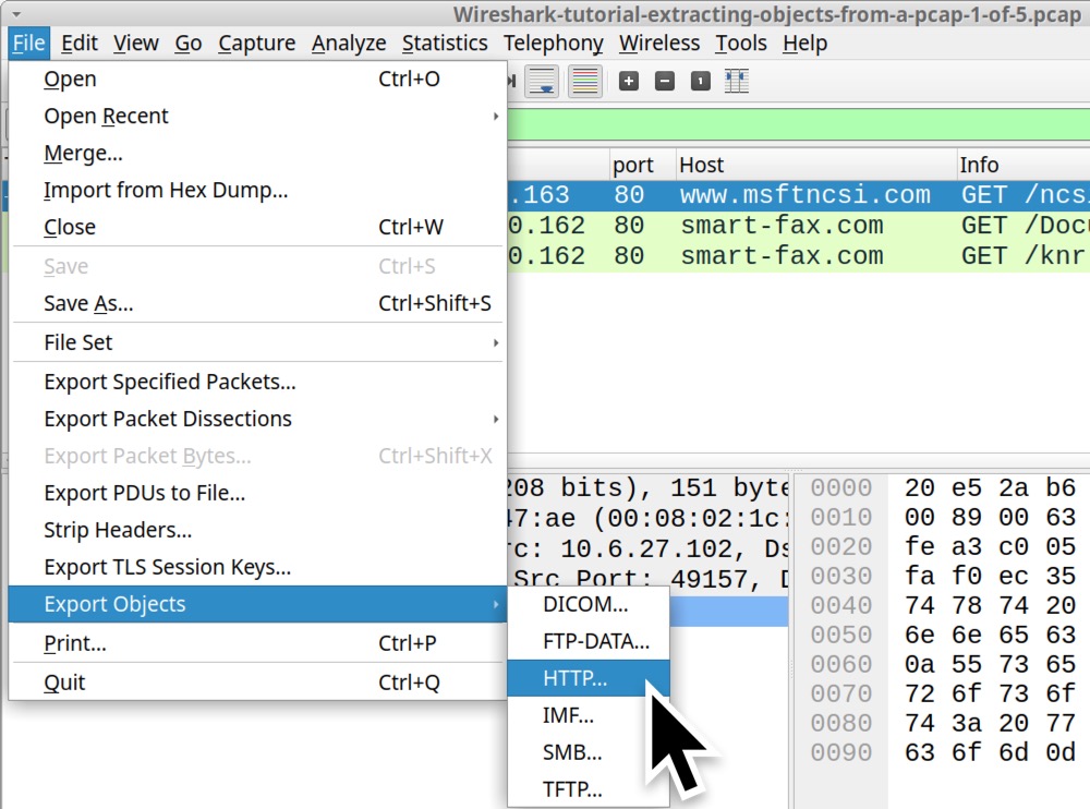 Image 3 is a screenshot of open File menu in Wireshark. The Export Objects submenu is selected and from that menu an arrow selects HTTP. 