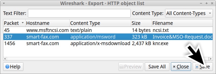 Image 4 is a screenshot of the Wireshark - Export - HTTP object list. The second row is selected and a black arrow points to the save button.