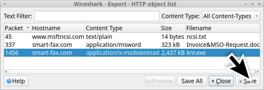 Image 5 is a screenshot of the Wireshark - Export - HTTP object list. The third row is selected and a black arrow points to the save button.