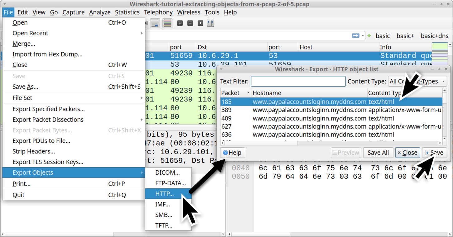 Image 7 is a screenshot of the Wireshark file menu. Export objects is selected, and from the submenu HTTP is selected. A black arrow points to the Wireshark – Export – HTTP object list in the new popup window. The first row is selected and an arrow points to the save button.