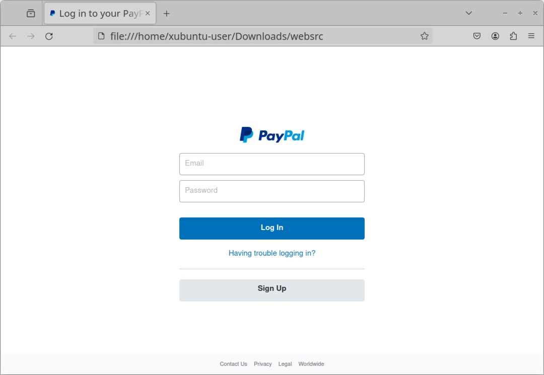 Image 8 is a screenshot of a fake PayPal login page. PayPal logo. Email and password fields. Login button. Having trouble logging in? Sign up button.