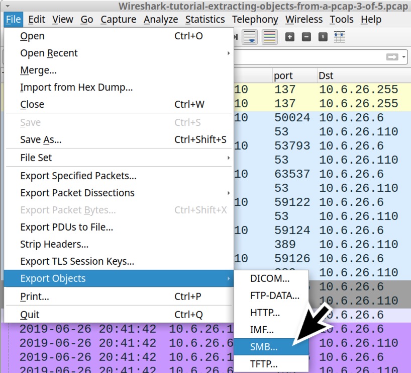 Image 9 is a screenshot of the file menu in Wireshark. Export objects is selected. SMB is selected from the submenu.