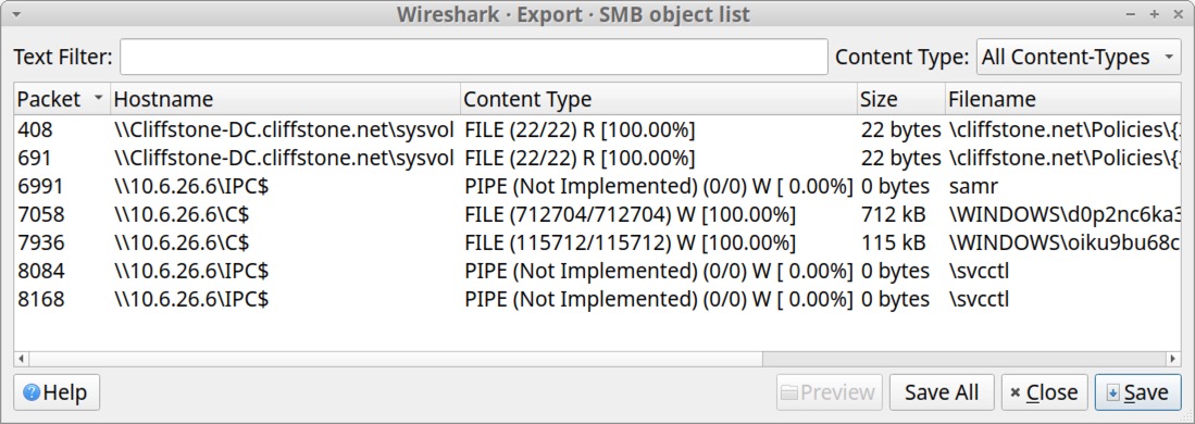 Image 10 is a screenshot of the Wireshark - Export - SMB object list. The columns include packet, hostname, content type, size, filename. 