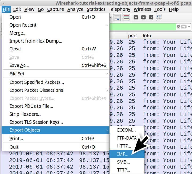 Image 12 is a screenshot of the file menu in Wireshark. Export objects is selected. IMF is selected from the submenu.