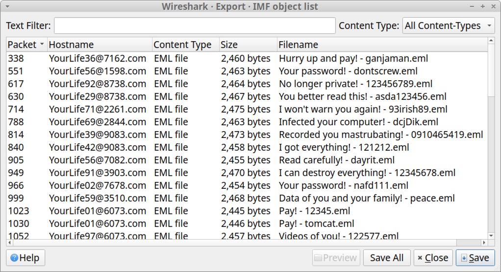 Image 13 is a screenshot of the Wireshark - Export - IMF object list. The columns include packet, hostname, content type, size, filename. 