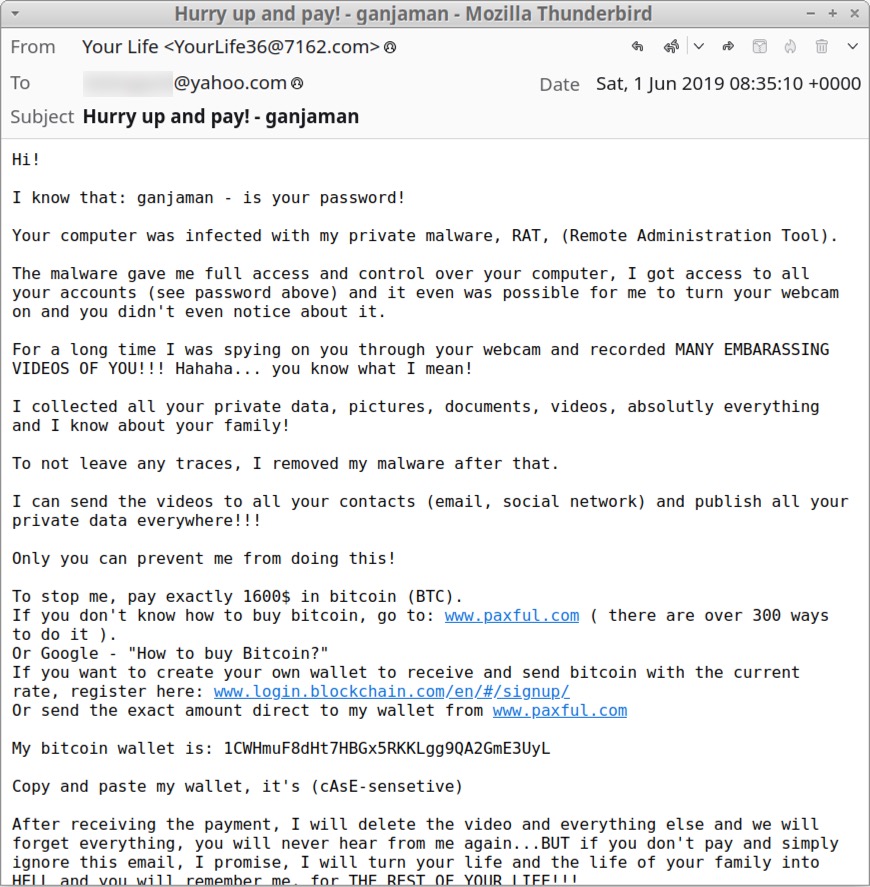 Image 14 is a screenshot of an email in Mozilla Thunderbird. The date of the email is from June 1, 2019. The email subject is hurry up and pay! Ganjaman. The email says that the computer is infected with a remote administration tool, and that the bad actor will send all private data to all contacts unless they are paid 1600 in bitcoin. There are instructions for how to pay in bitcoin as well as a wallet number.