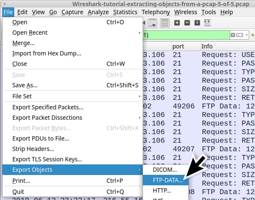 Image 16 is a screenshot of the file menu in Wireshark. Export objects is selected. FTP-DATA is selected from the submenu.