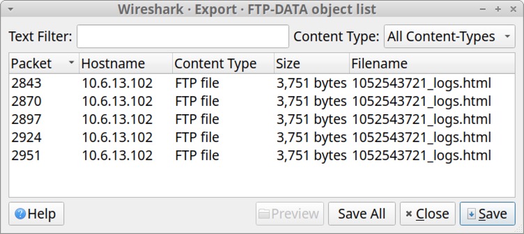 Image 17 is a screenshot of the Wireshark - Export - FTP-DATA object list. The columns include packet, hostname, content type, size, filename. 