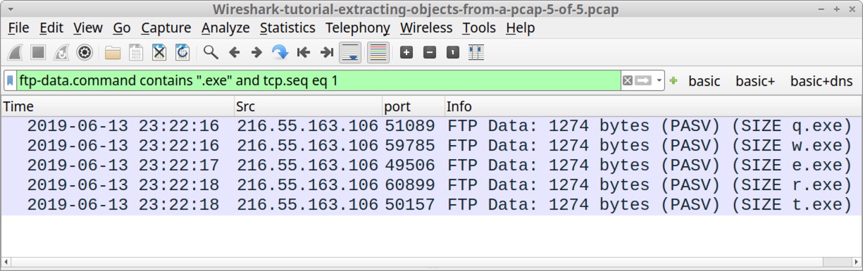 Image 19 is a screenshot of Wireshark with the filter set to ftp-data.command contains “.exe” and tcp.seq eq 1. 