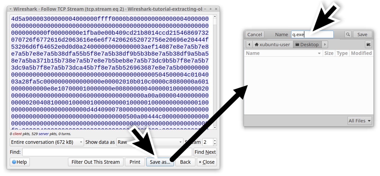 Image 22 is a screenshot of the TCP stream window in Wireshark. The end user is saving the file from the Save as… button and selecting q.exe as the file option. 