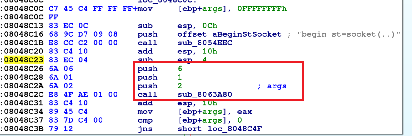 Image 4 is a screenshot of the disassembler view of code for stock creation in the sample. Some information is highlighted in yellow. The socket creation is highlighted in a red box.