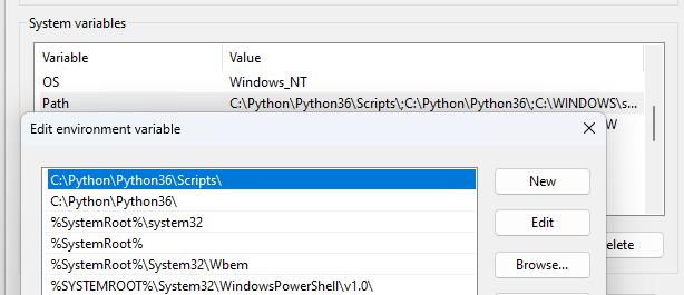 Image 2 is a screenshot of Python folders listed in the Edit environment variable window. There are options for New, Edit and Browse. 