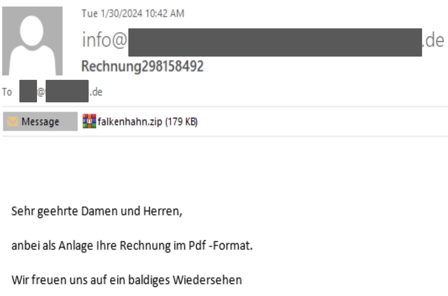 Image 3 is a screenshot of an email with some of the information redacted. The language in the email is a year is in German, and the message includes a zip file that is 179 kB in size.