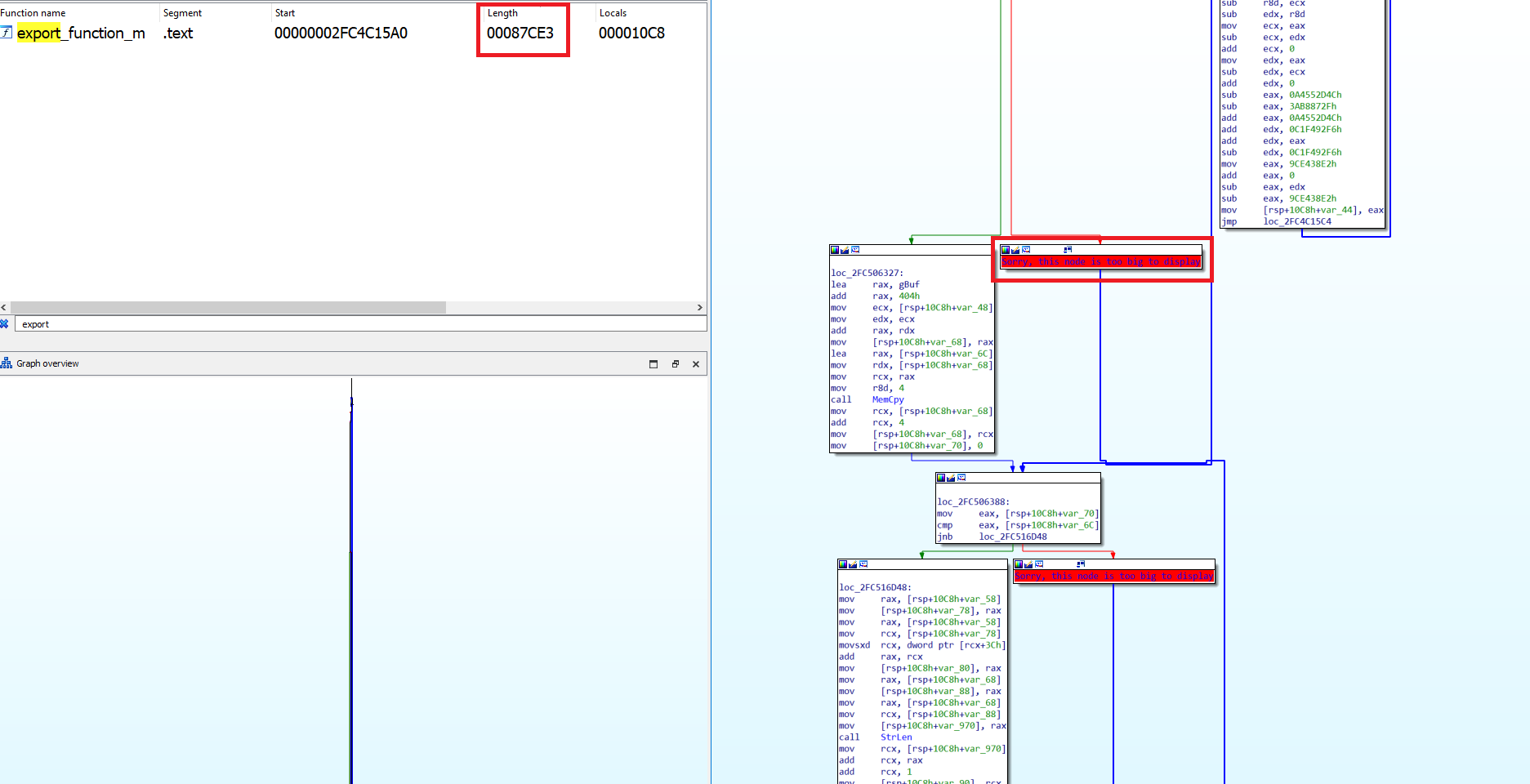 Image 7 is a screenshot of multiple windows of code. Highlighted in red boxes is the notice that the code is too big to display. The length is also highlighted in red box on the top left.
