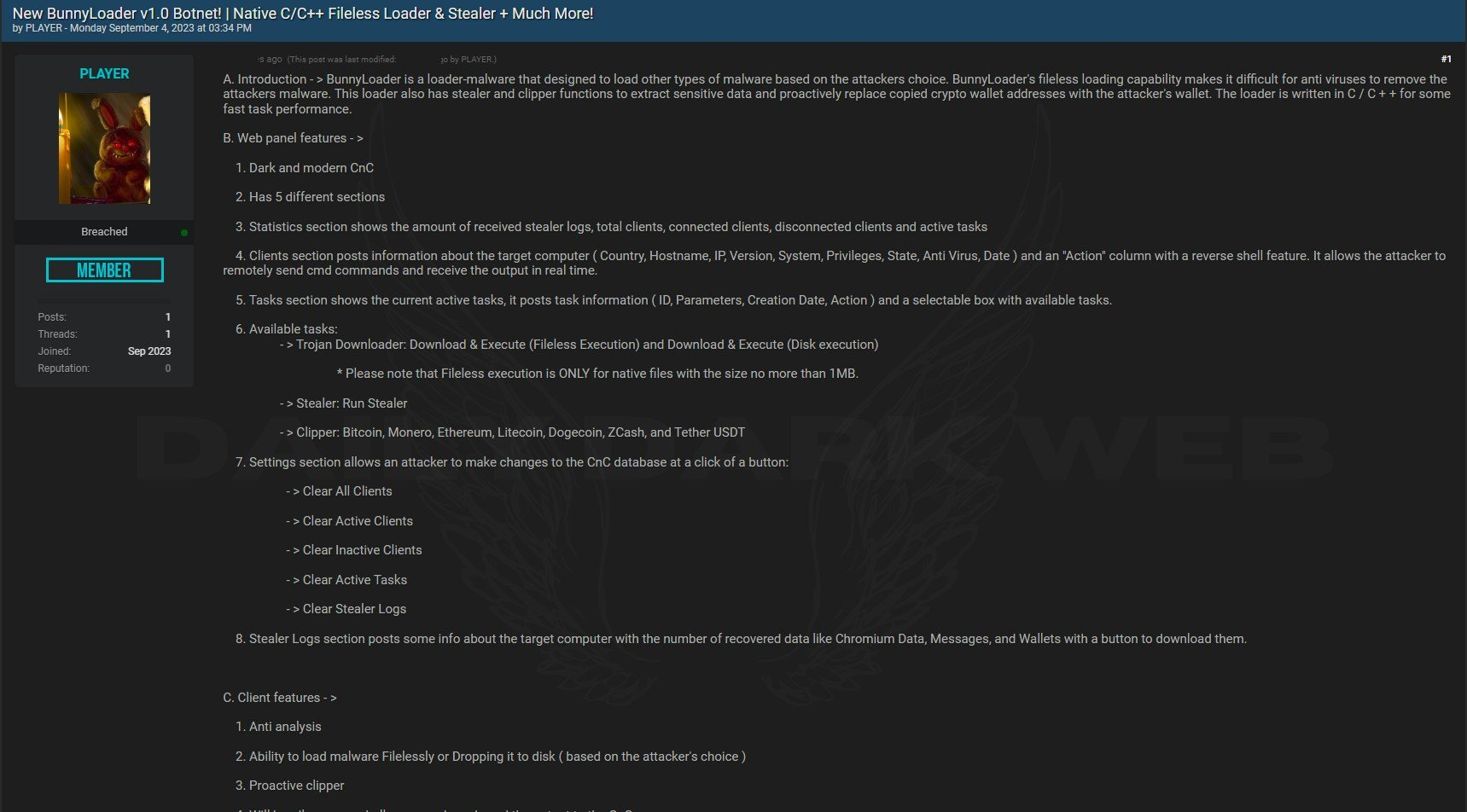 Image 1 is a screenshot of a forum post on the dark web advertising BunnyLoader. The post was made Monday, September 4, 2023 by member PLAYER. The title of the post is New BunnyLoader, v1.0 Botnet! C/C++ fileless loader and stealer + much more! It introduces what it does, and discusses its different features. It also lists the features for the client. It is posted by a user named breach. The post was made on Monday, September 4, 2023. 