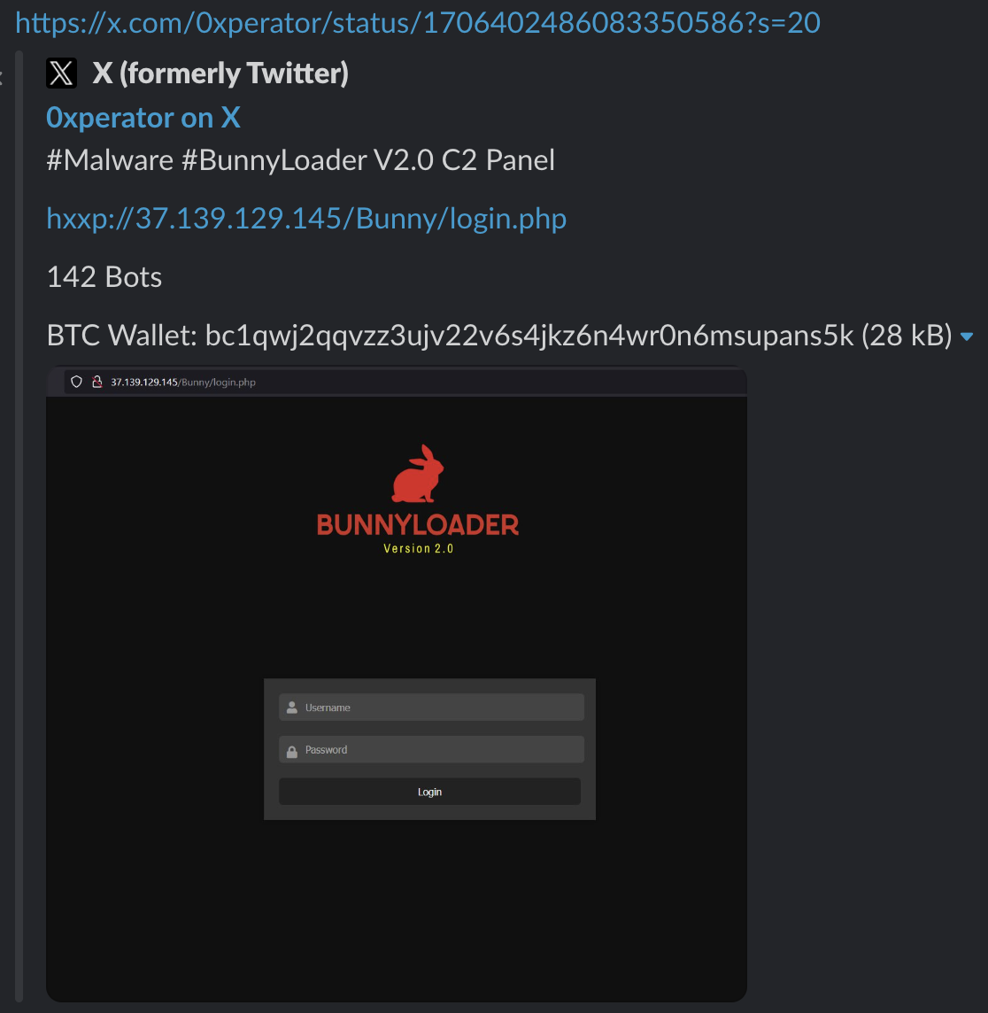 Image 2 is a screenshot of an X post. Hashtag Malware and BunnyLoader. Bunny login link. 142 bots. BTC wallet. Screenshot of BunnyLoader login page. Logo and Username and Password fields. 
