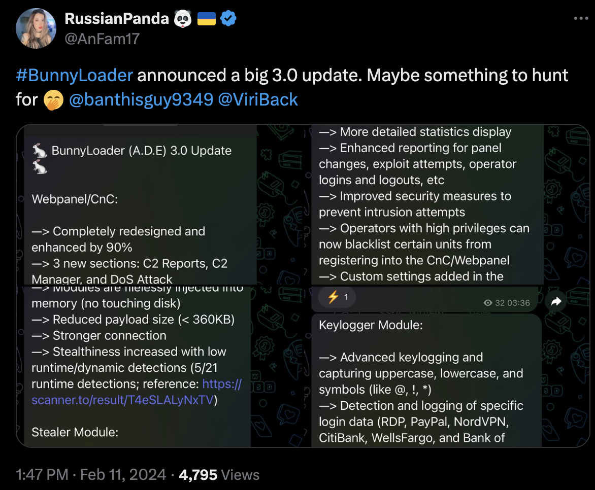 Image 6 is a screenshot of a Twitter post by @RussianPanda. BunnyLoader announced a big 3.0 update. Maybe something to hunt for. Laugh behind hand emoji. She tagged two different people in the post. Screenshots of BunnyLoader updates that include list of upgrades to the malware.