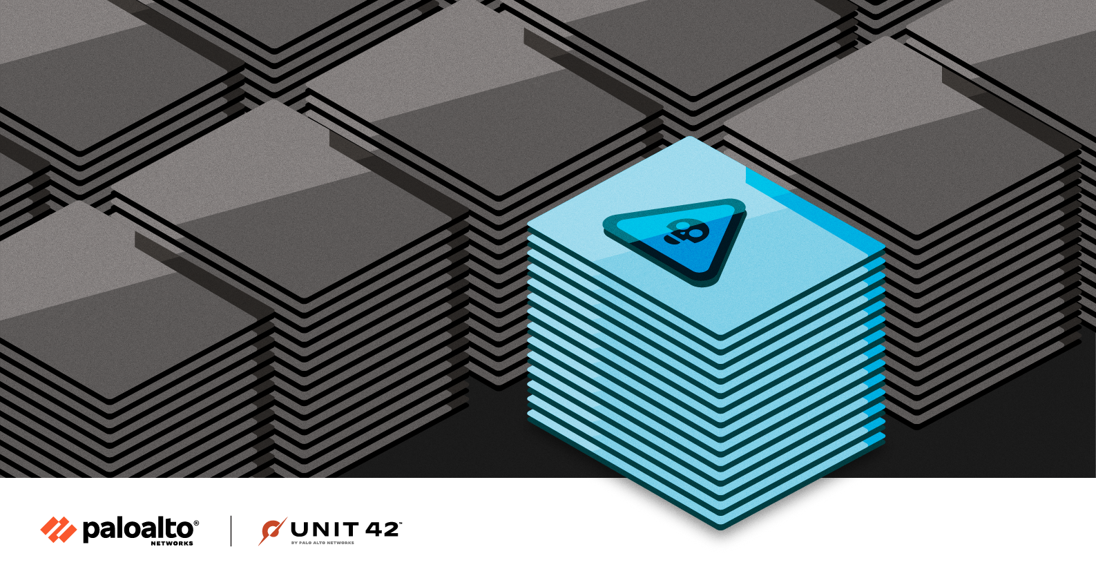 A pictorial representation of DNS tunneling. Stacks of folders are in rows. One column of folders is a contrasting color topped with a skull icon within a triangle. The Palo Alto Networks and Unit 42 logos.